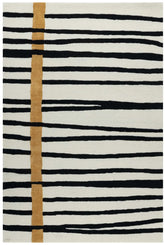 Modern striped hand-tufted wool rug in black and white with golden accent.